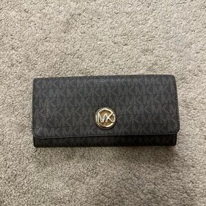 Michael Kors Dark Brown MK Logo Continental Wallet with Gold Emblem